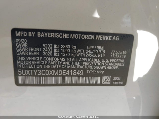 BMW X3 Sdrive30i 2021 5UXTY3C0XM9E41849 Image 9