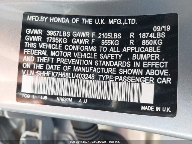 Honda CIVIC EX 2020 SHHFK7H68LU403248 Image 9