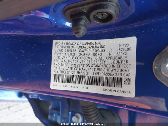 Honda CIVIC EX 2020 2HGFC1F30LH682288 Image 9