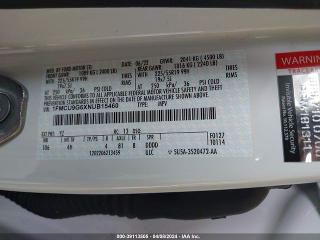 Ford ESCAPE SE 2022 1FMCU9G6XNUB15460 Image 9