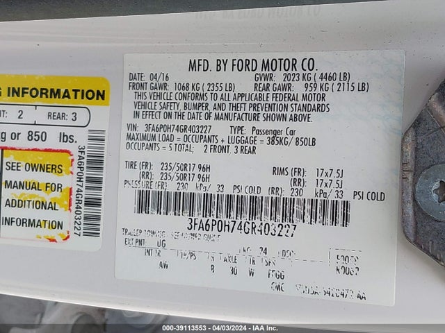Ford FUSION SE 2016 3FA6P0H74GR403227 Image 9