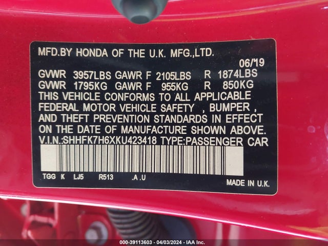 Honda CIVIC EX 2019 SHHFK7H6XKU423418 Image 9