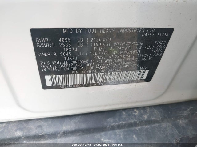 Subaru Outback 2.5i Limited 2015 4S4BSBLCXF3260560 Image 9