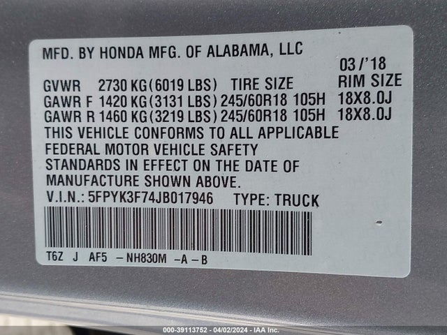 Honda Ridgeline Rtl-e 2018 5FPYK3F74JB017946 Image 9