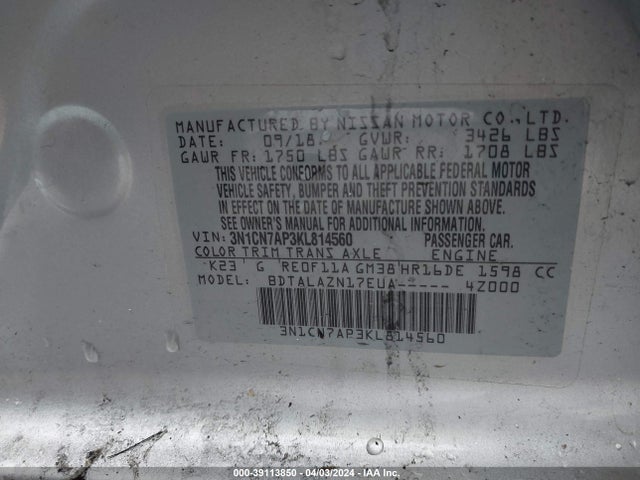 Nissan Versa 1.6 S+ 2019 3N1CN7AP3KL814560 Image 9