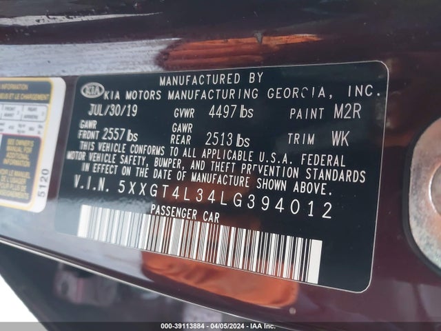 5XXGT4L34LG394012 KIA gdi