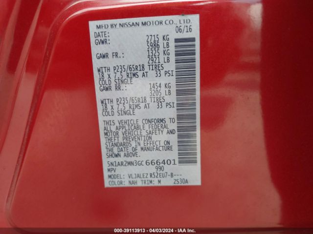 5N1AR2MN3GC666401 Nissan Pathfinder Sv