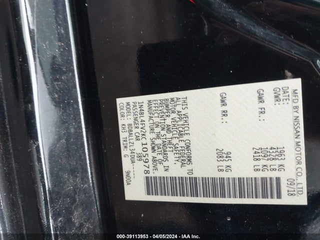 Nissan Altima 2.5 Platinum 2019 1N4BL4FV2KC105978 Image 9
