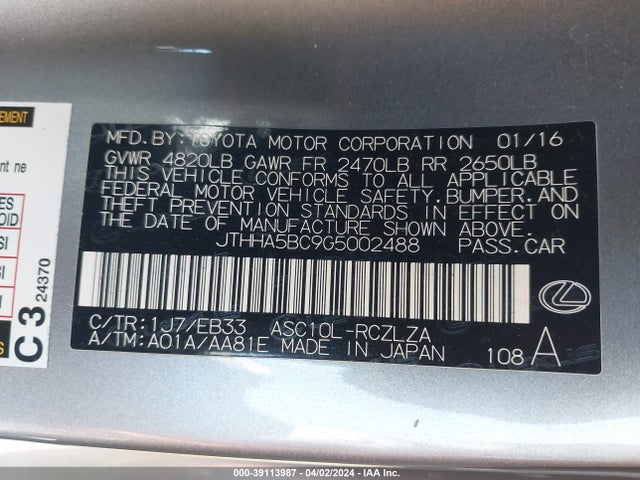 JTHHA5BC9G5002488 Lexus RC 200T