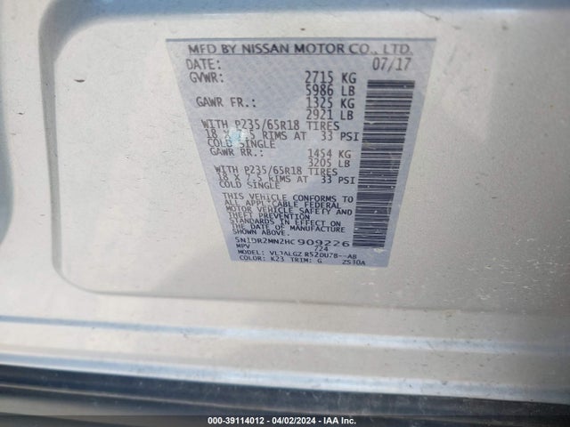 Nissan Pathfinder Sl 2017 5N1DR2MN2HC909226 Image 9