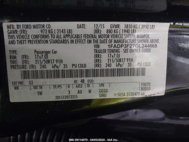 Ford FOCUS SE 2016 1FADP3F27GL244668 Image 9