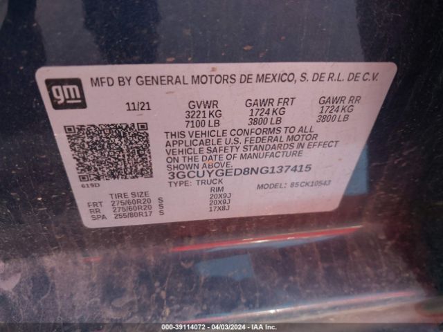 3GCUYGED8NG137415 Chevrolet Silverado 1500 Ltd 4wd  Short Bed Ltz