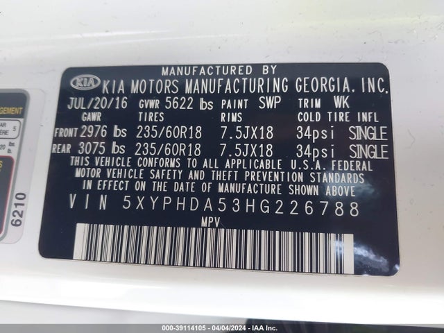 KIA Sorento 3.3l Ex 2017 5XYPHDA53HG226788 Image 9