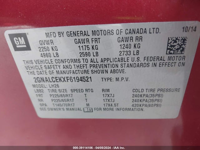 Chevrolet Equinox 2lt 2015 2GNALCEKXF6194521 Image 9