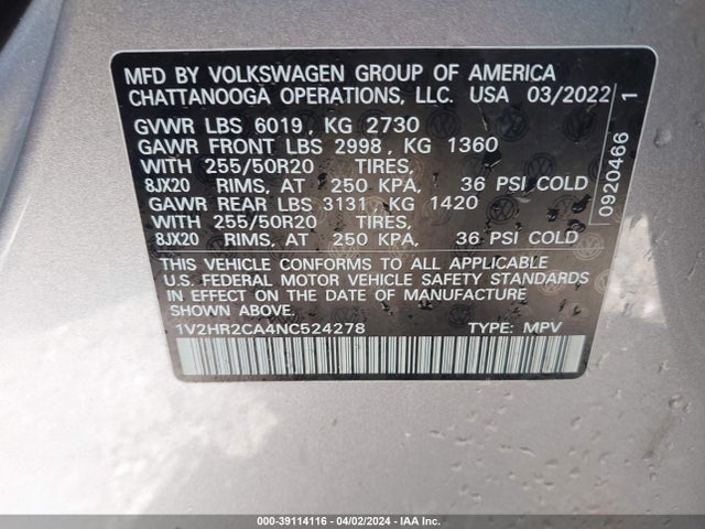 1V2HR2CA4NC524278 Volkswagen Atlas 3.6l V6 Se W/technology