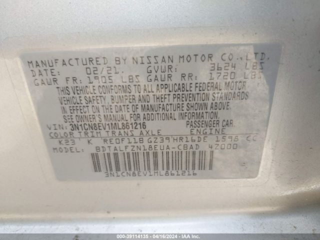3N1CN8EV1ML861216 Nissan Versa Sv Xtronic Cvt