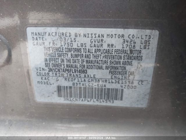 3N1CN7AP6FL914593 Nissan Versa 1.6 Sl
