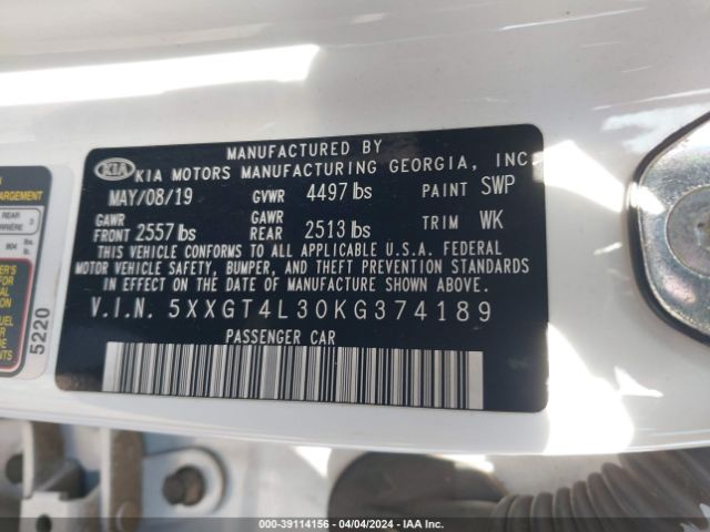 5XXGT4L30KG374189 KIA Optima Lx