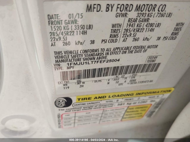 Ford Expedition Platinum 2015 1FMJU1LT7FEF25004 Image 9