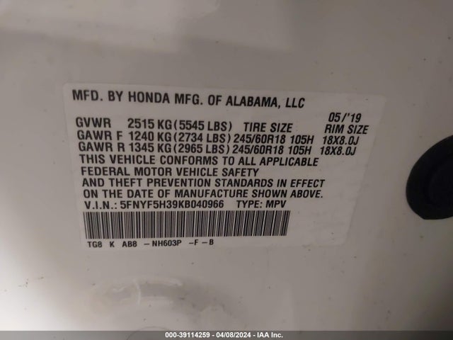 Honda Pilot Ex 2019 5FNYF5H39KB040966 Image 9