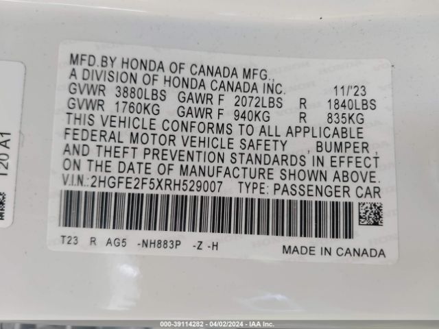 2HGFE2F5XRH529007 Honda Civic Sport