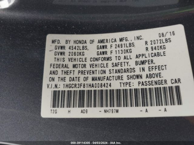1HGCR3F81HA008424 Honda Accord Ex-l V6