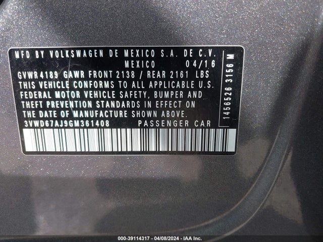 3VWD67AJ9GM361408 Volkswagen Jetta 1.4t Se