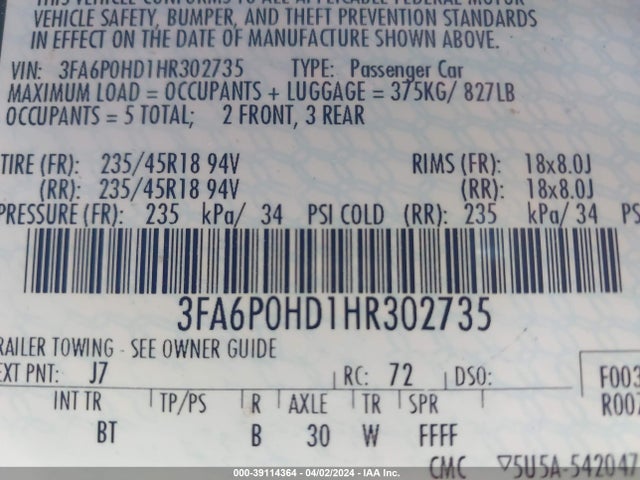 Ford FUSION SE 2017 3FA6P0HD1HR302735 Image 9