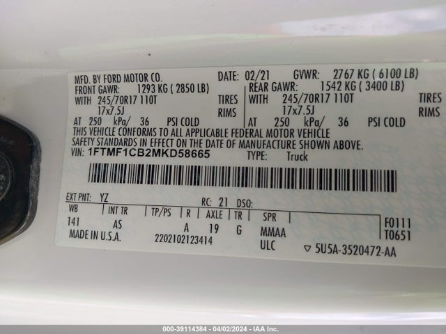 Ford F-150 Xl 2021 1FTMF1CB2MKD58665 Image 9