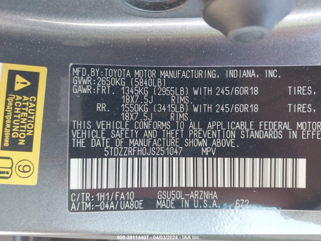 Toyota Highlander Le Plus 2018 5TDZZRFH0JS251047 Image 9