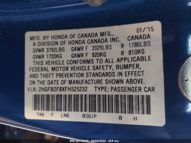 Honda CIVIC EX 2015 2HGFB2F8XFH525232 Image 9