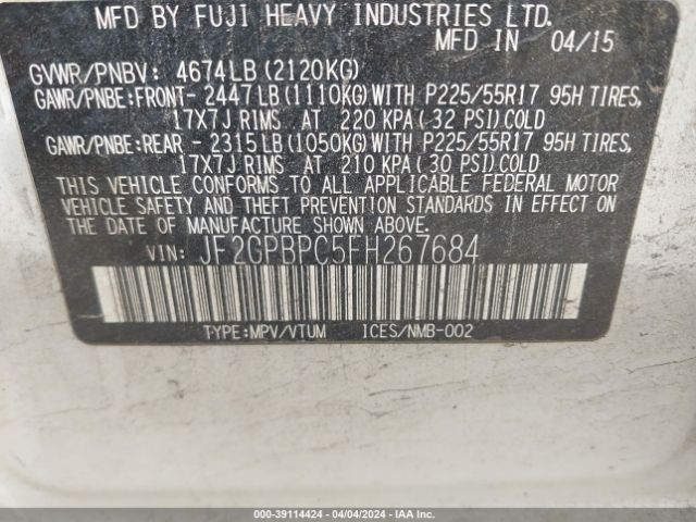 JF2GPBPC5FH267684 Subaru Xv Crosstrek Hybrid Touring