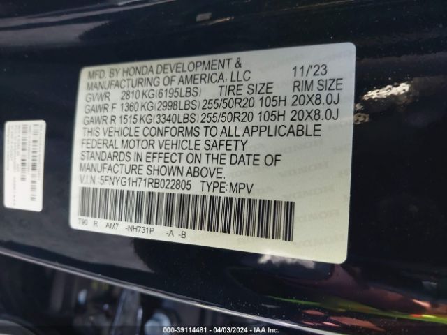 5FNYG1H71RB022805 Honda Pilot Awd Touring