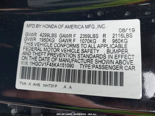 Honda ACCORD EX 2019 1HGCV1F45KA151090 Image 9