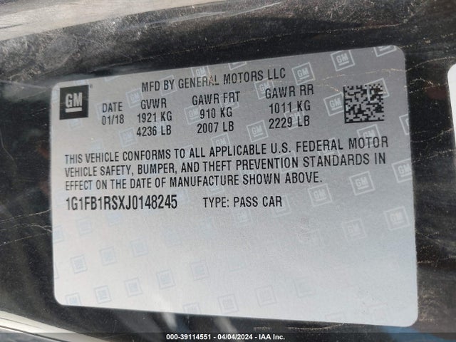 Chevrolet Camaro 1lt 2018 1G1FB1RSXJ0148245 Image 9