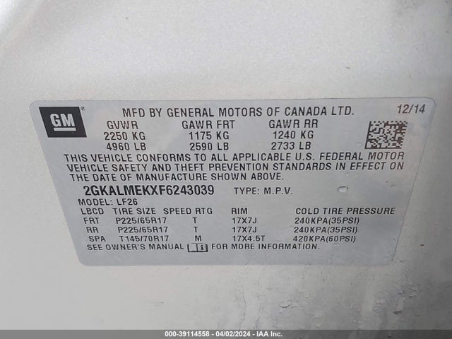 GMC Terrain Sle-1 2015 2GKALMEKXF6243039 Image 9