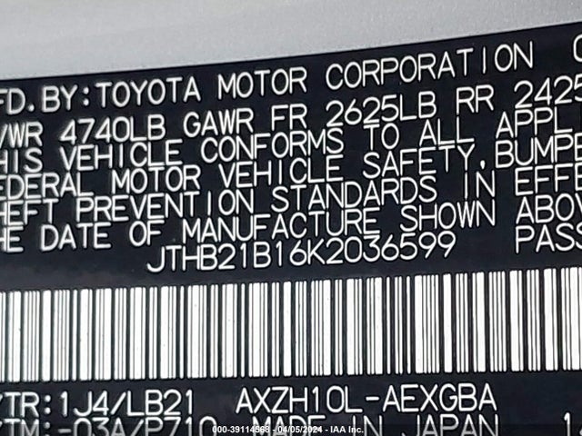 JTHB21B16K2036599 Lexus Es 300h Luxury