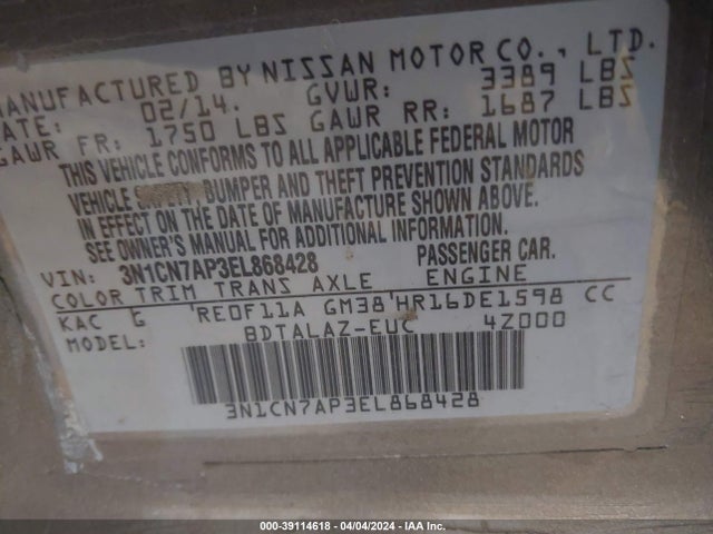 Nissan Versa 1.6 S+ 2014 3N1CN7AP3EL868428 Image 9