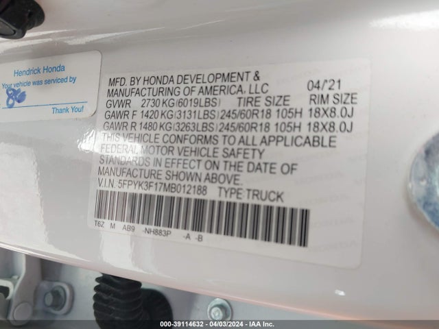 Honda Ridgeline Awd Sport 2021 5FPYK3F17MB012188 Image 9