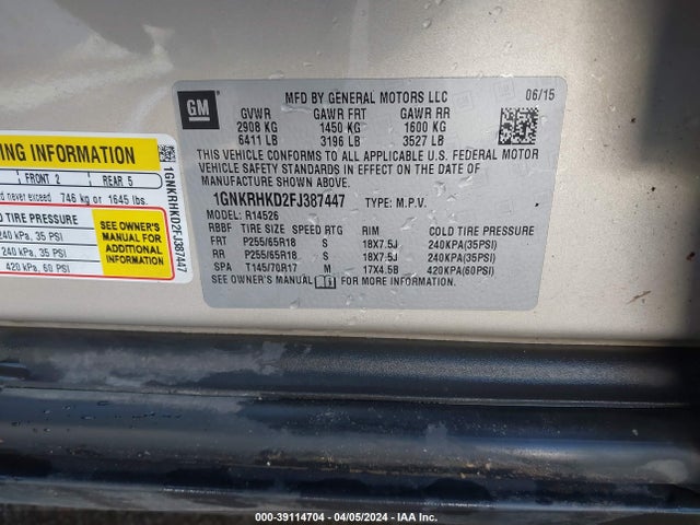 Chevrolet Traverse 2lt 2015 1GNKRHKD2FJ387447 Image 9