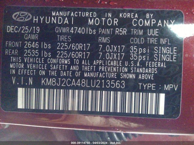 KM8J2CA48LU213563 Hyundai TUCSON SE