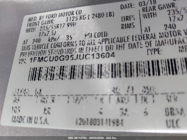 Ford ESCAPE SE 2018 1FMCU0G95JUC13604 Image 9