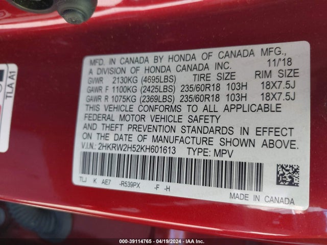 Honda CR-V EX 2019 2HKRW2H52KH601613 Image 9