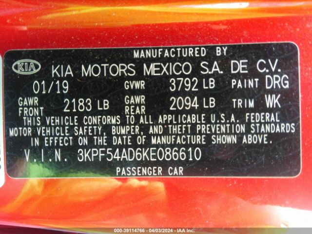 3KPF54AD6KE086610 KIA FORTE EX