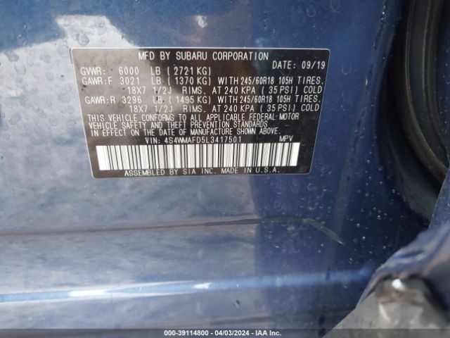 4S4WMAFD5L3417501 Subaru Ascent Premium