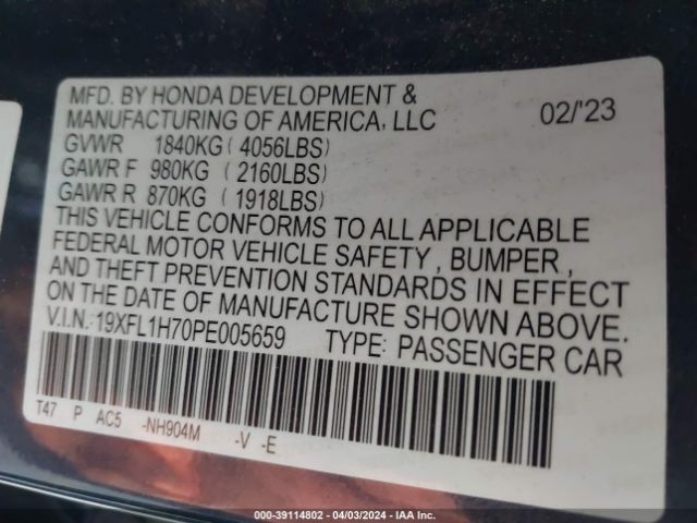 19XFL1H70PE005659 Honda Civic Ex-l /ex-l W/o Bsi