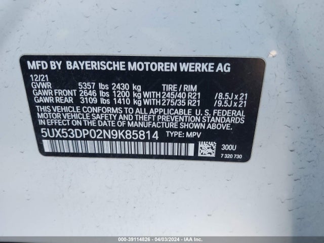 BMW X3 Xdrive30i 2022 5UX53DP02N9K85814 Image 9