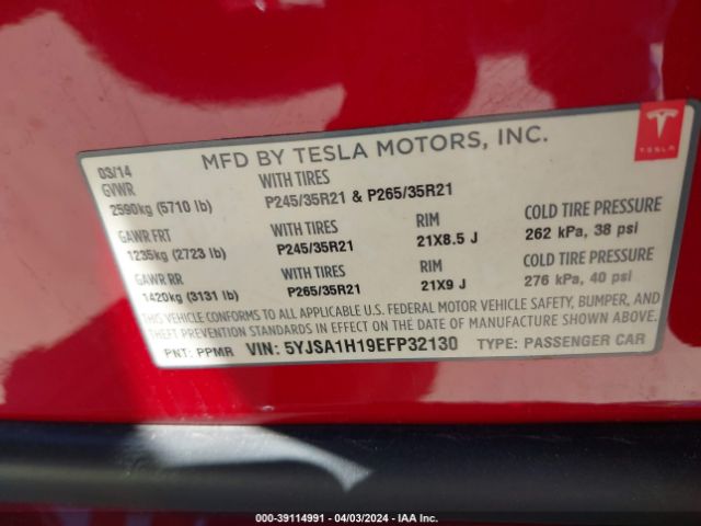5YJSA1H19EFP32130 Tesla Model S P85