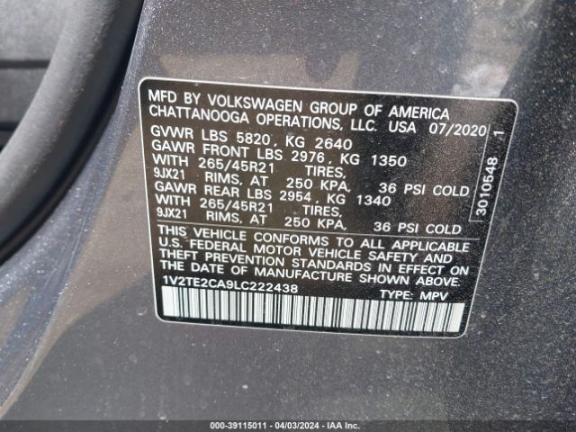1V2TE2CA9LC222438 Volkswagen Atlas Cross Sport 3.6l V6 Sel Premium R-line
