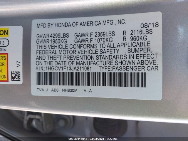 Honda ACCORD LX 2018 1HGCV1F13JA211081 Image 9